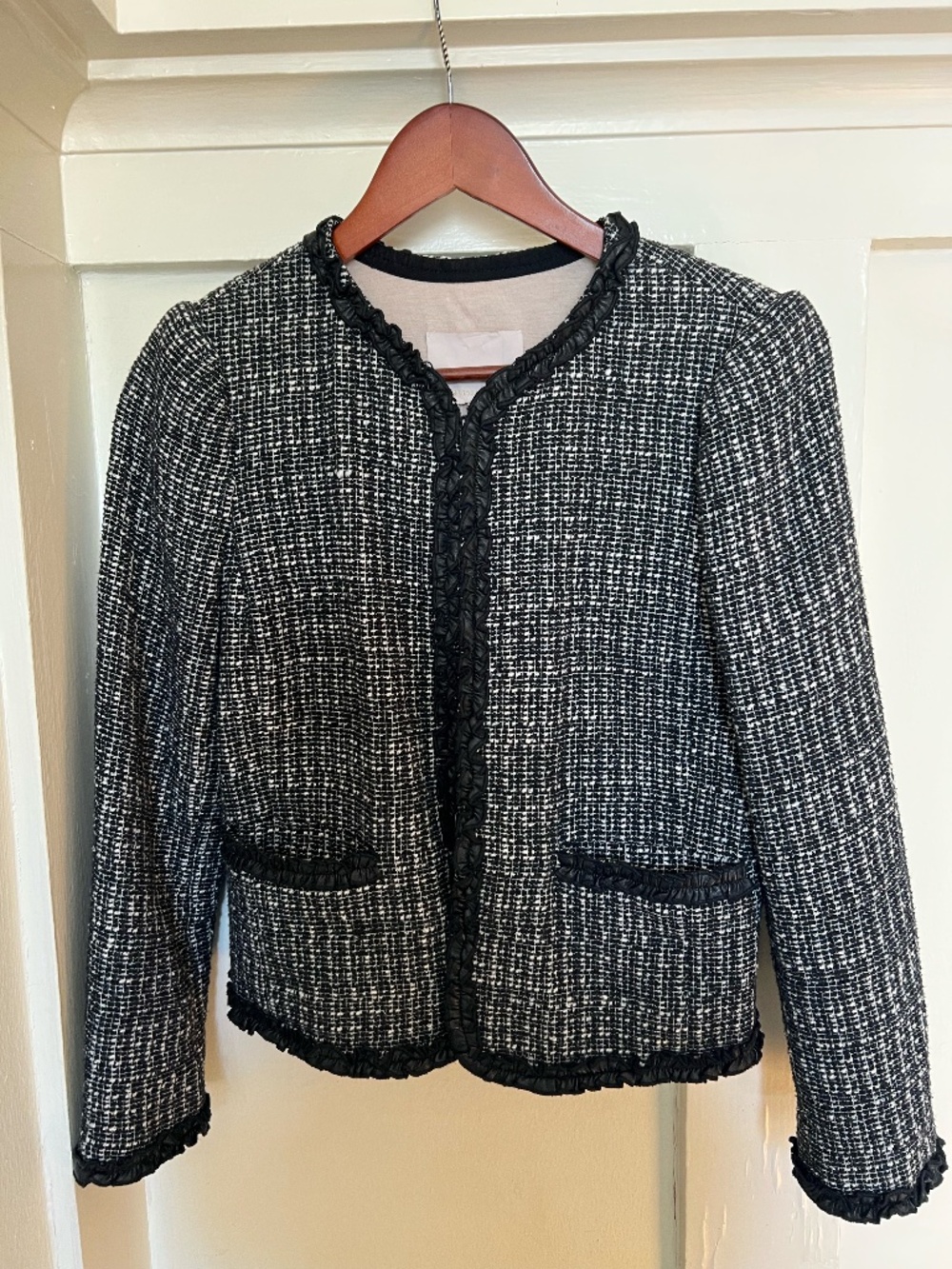 Rebecca Taylor Tweed Jacket Black White Cropped Ruffle Trim Size 4